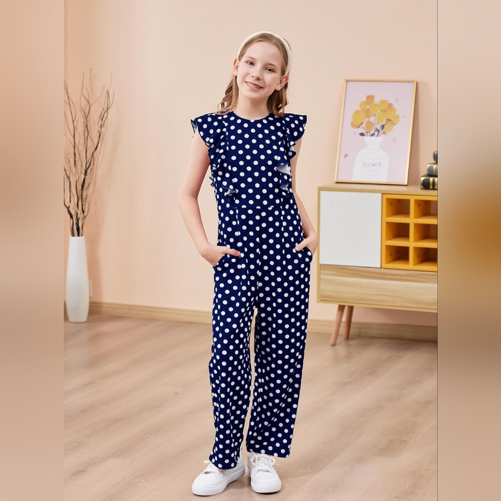 NWT Gorlya Jumpsuit Romper Navy blue with white polka dots Size Girls 8